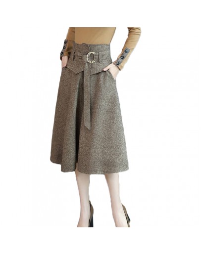 Elegant Midi Woolen Skirt Women Autumn Winter High Waist Belted Skirt Female Long Office Work Skirts Faldas Mujer F223