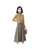 Elegant Midi Woolen Skirt Women Autumn Winter High Waist Belted Skirt Female Long Office Work Skirts Faldas Mujer F223