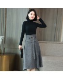 Elegant Midi Woolen Skirt Women Autumn Winter High Waist Belted Skirt Female Long Office Work Skirts Faldas Mujer F223