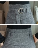 Elegant Midi Woolen Skirt Women Autumn Winter High Waist Belted Skirt Female Long Office Work Skirts Faldas Mujer F223