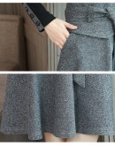 Elegant Midi Woolen Skirt Women Autumn Winter High Waist Belted Skirt Female Long Office Work Skirts Faldas Mujer F223