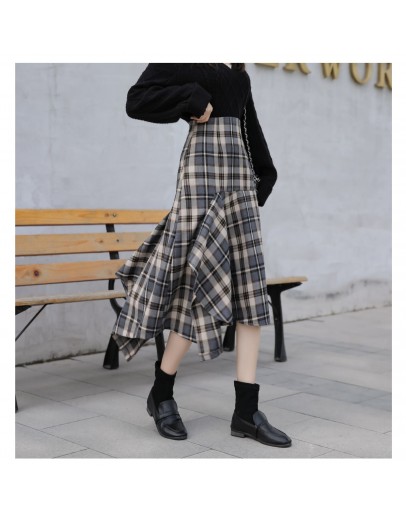 Irregular Plaid Skirt Women Spring Autumn Elegant Ruffles Midi Skirts  Style Hip Package Hippie faldas largas mujer