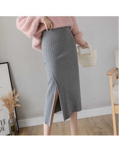  Winter Women Knitted Skirts Women High Waist Office Ladies Elastic Knitting Midi Length Skirt Female Sexy Side Split Faldas