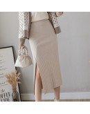  Winter Women Knitted Skirts Women High Waist Office Ladies Elastic Knitting Midi Length Skirt Female Sexy Side Split Faldas