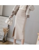  Winter Women Knitted Skirts Women High Waist Office Ladies Elastic Knitting Midi Length Skirt Female Sexy Side Split Faldas