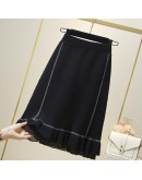 Knee Length Knitted Skirt Women Autumn Winter High Waisted Chiffon Ruffles Patchwork Midi Sweater Skirts Black Warm Faldas