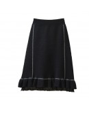 Knee Length Knitted Skirt Women Autumn Winter High Waisted Chiffon Ruffles Patchwork Midi Sweater Skirts Black Warm Faldas