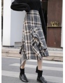 Irregular Plaid Skirt Women Spring Autumn Elegant Ruffles Midi Skirts  Style Hip Package Hippie faldas largas mujer