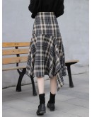 Irregular Plaid Skirt Women Spring Autumn Elegant Ruffles Midi Skirts  Style Hip Package Hippie faldas largas mujer