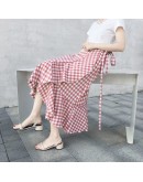  Spring Summer Plaid Midi Skirt Women Elegant One Piece Lace Up Mermaid Skirt Irregular Long Fishtail Mujer Faldas Wrap Jupe