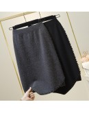 Irregular Knee Length Knit Skirt for Women Fall Winter Straight Beading Midi Skirts High  Black Gray Sweater Warm Jupe