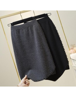 Irregular Knee Length Knit Skirt for Women Fall Winter Straight Beading Midi Skirts High  Black Gray Sweater Warm Jupe