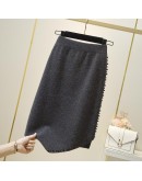 Irregular Knee Length Knit Skirt for Women Fall Winter Straight Beading Midi Skirts High  Black Gray Sweater Warm Jupe