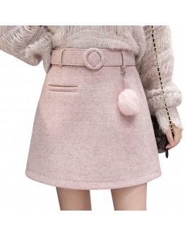 Women's Woolen Mini Skirts  Autumn Winter A Line Above Knee Belted Short Skirt High Waist Slim  faldas mujer F212