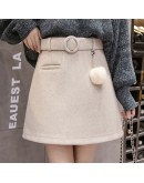 Women's Woolen Mini Skirts  Autumn Winter A Line Above Knee Belted Short Skirt High Waist Slim  faldas mujer F212