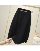 Irregular Knee Length Knit Skirt for Women Fall Winter Straight Beading Midi Skirts High  Black Gray Sweater Warm Jupe