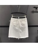 Summer White Denim Skirts Women Elegant High Waist Front Hole Letter Print Mini Skirt Hip Package Jeans Short Skirt Faldas Mujer