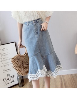 Spring Summer Women High Waist Denim Skirt Female Elegant Ruffles Midi Skirt Cowgirl Lace Mermaid Skirts  Jeans Falda