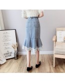 Spring Summer Women High Waist Denim Skirt Female Elegant Ruffles Midi Skirt Cowgirl Lace Mermaid Skirts  Jeans Falda