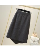 Irregular Knee Length Knit Skirt for Women Fall Winter Straight Beading Midi Skirts High  Black Gray Sweater Warm Jupe