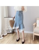 Spring Summer Women High Waist Denim Skirt Female Elegant Ruffles Midi Skirt Cowgirl Lace Mermaid Skirts  Jeans Falda