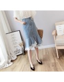 Spring Summer Women High Waist Denim Skirt Female Elegant Ruffles Midi Skirt Cowgirl Lace Mermaid Skirts  Jeans Falda