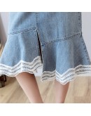 Spring Summer Women High Waist Denim Skirt Female Elegant Ruffles Midi Skirt Cowgirl Lace Mermaid Skirts  Jeans Falda