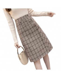 Plus Size Woolen Plaid Skirt Women Winter Single Breasted High Waist Midi Skirt Female A Line Long Faldas Mujer F221