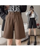 High Waised Woolen Half Pants Autumn Winter Wide Leg Knee Length Trousers  Loose Pantalones de Mujer European Style