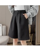 High Waised Woolen Half Pants Autumn Winter Wide Leg Knee Length Trousers  Loose Pantalones de Mujer European Style