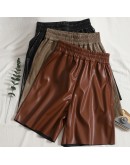 Knee Length PU Leather Pants Women Elastic High Waist  Style Wide Leg Shorts Trousers High  Streetwear Pants