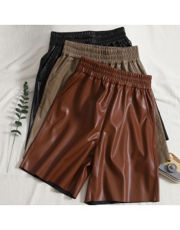 Knee Length PU Leather Pants Women Elastic High Waist  Style Wide Leg Shorts Trousers High  Streetwear Pants