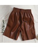 Knee Length PU Leather Pants Women Elastic High Waist  Style Wide Leg Shorts Trousers High  Streetwear Pants