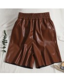 Knee Length PU Leather Pants Women Elastic High Waist  Style Wide Leg Shorts Trousers High  Streetwear Pants