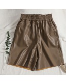 Knee Length PU Leather Pants Women Elastic High Waist  Style Wide Leg Shorts Trousers High  Streetwear Pants