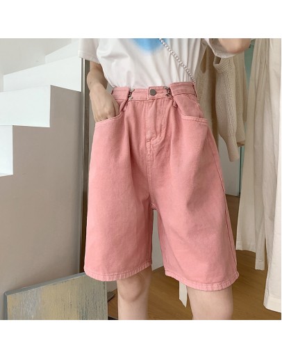 Summer High Waist Knee Length Pants Pink Women's Half Jeans Loose Female Wide Leg Denim Pants Chic Trouses Ladies