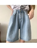 Summer High Waist Knee Length Pants Pink Women's Half Jeans Loose Female Wide Leg Denim Pants Chic Trouses Ladies