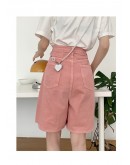 Summer High Waist Knee Length Pants Pink Women's Half Jeans Loose Female Wide Leg Denim Pants Chic Trouses Ladies