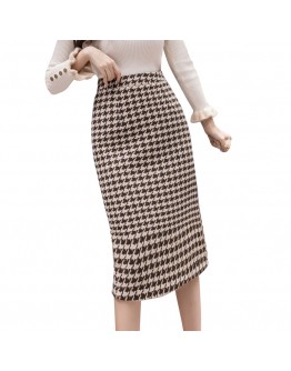  Vintage Houndstooth Woolen Skirt Women's  High Waist Casual Skirts Midi Long Slit Skirt Jupe Femme Saias Longas