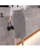  Vintage Houndstooth Woolen Skirt Women's  High Waist Casual Skirts Midi Long Slit Skirt Jupe Femme Saias Longas