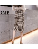  Vintage Houndstooth Woolen Skirt Women's  High Waist Casual Skirts Midi Long Slit Skirt Jupe Femme Saias Longas