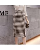  Vintage Houndstooth Woolen Skirt Women's  High Waist Casual Skirts Midi Long Slit Skirt Jupe Femme Saias Longas