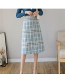 Elegant Autumn Winter High Waisted Woolen Skirt Women   Plaid Skirts Midi Hip Package Female Saias Jupe Femme