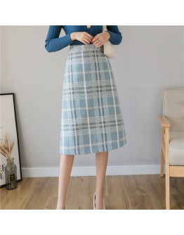 Elegant Autumn Winter High Waisted Woolen Skirt Women   Plaid Skirts Midi Hip Package Female Saias Jupe Femme