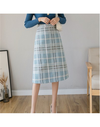 Elegant Autumn Winter High Waisted Woolen Skirt Women   Plaid Skirts Midi Hip Package Female Saias Jupe Femme