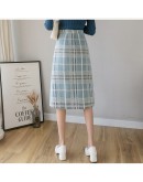 Elegant Autumn Winter High Waisted Woolen Skirt Women   Plaid Skirts Midi Hip Package Female Saias Jupe Femme