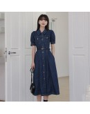 Midi Denim Dress Women  Turn Down Collar Summer Short Sleeve Sashes Jeans Dresses Harajuku Vestidos with Pockets Plus Size