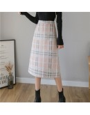 Elegant Autumn Winter High Waisted Woolen Skirt Women   Plaid Skirts Midi Hip Package Female Saias Jupe Femme