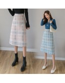 Elegant Autumn Winter High Waisted Woolen Skirt Women   Plaid Skirts Midi Hip Package Female Saias Jupe Femme