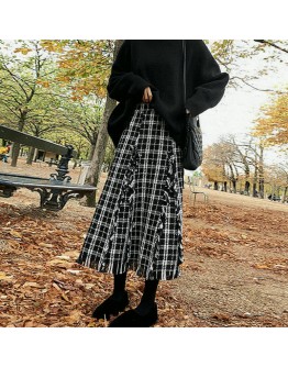 Autumn Long Plaid Wool Skirt Women  Winter Tassel Checked Skirts Female Elegant Runway Skirt Maxi Jupe Faldas Largas Mujer